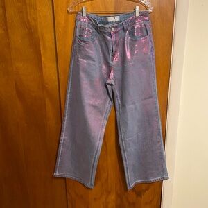 Flying Angel Metallic Coated Wide Leg Jeans In 
Pink Metallic Colorful, Sz 9/29